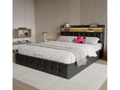 Cama com arrumação e iluminação LED RGB, cabeceira com estação de carregamento USB/USB-C e arrumação – Pele sintética preta – 160x200 cm