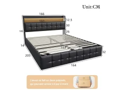 Cama com arrumação e iluminação LED RGB, cabeceira com estação de carregamento USB/USB-C e arrumação – Pele sintética preta – 160x200 cm