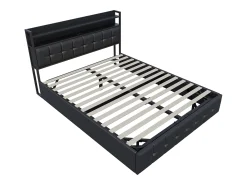 Cama com arrumação e iluminação LED RGB, cabeceira com estação de carregamento USB/USB-C e arrumação – Pele sintética preta – 160x200 cm