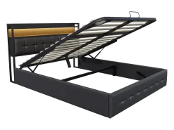 Cama com arrumação e iluminação LED RGB, cabeceira com estação de carregamento USB/USB-C e arrumação – Pele sintética preta – 160x200 cm