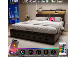 Cama com arrumação e iluminação LED RGB, cabeceira com estação de carregamento USB/USB-C e arrumação – Pele sintética preta – 160x200 cm