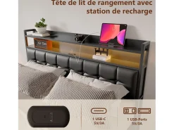 Cama com arrumação e iluminação LED RGB, cabeceira com estação de carregamento USB/USB-C e arrumação – Pele sintética preta – 160x200 cm