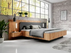 Cama com arrumação e mesas de cabeceira 160x200 cm LEDs natural e antracite - FRANCOLI