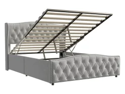Cama com arrumação hidráulica 140x200 cm, com arrumação hidráulica, cabeceira estofada em espuma, veludo, cinzenta