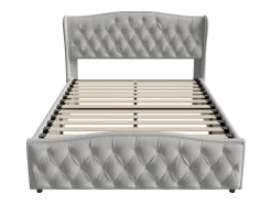 Cama com arrumação hidráulica 140x200 cm, com arrumação hidráulica, cabeceira estofada em espuma, veludo, cinzenta