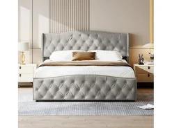 Cama com arrumação hidráulica 140x200 cm, com arrumação hidráulica, cabeceira estofada em espuma, veludo, cinzenta