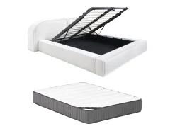 Cama com arrumação LIRABA 160 x 200 cm em veludo cotelê creme + colchão - Maison Céphy
