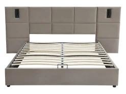 Cama com arrumação 180x200 cm com cabeceira e candeeiro integrado em veludo taupe - SARETO
