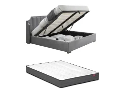 Cama com arrumação 140x190 cm com cabeceira arqueada veludo cinza-claro + colchão TEOMIS
