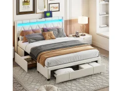Cama com arrumação 160x200 cm com LED, cama de casal com estrado e gavetas, cabeceira capitonê com prateleiras e portas USB/Type-C, bege