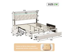 Cama com arrumação 160x200 cm com LED, cama de casal com estrado e gavetas, cabeceira capitonê com prateleiras e portas USB/Type-C, bege