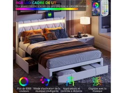 Cama com arrumação 160x200 cm com LED, cama de casal com estrado e gavetas, cabeceira capitonê com prateleiras e portas USB/Type-C, bege