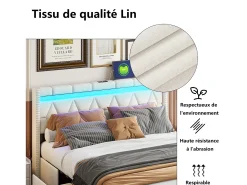 Cama com arrumação 160x200 cm com LED, cama de casal com estrado e gavetas, cabeceira capitonê com prateleiras e portas USB/Type-C, bege