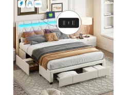 Cama com arrumação 160x200 cm com LED, cama de casal com estrado e gavetas, cabeceira capitonê com prateleiras e portas USB/Type-C, bege
