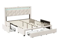 Cama com arrumação 160x200 cm com LED, cama de casal com estrado e gavetas, cabeceira capitonê com prateleiras e portas USB/Type-C, bege