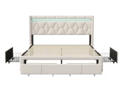 Cama com arrumação 160x200 cm com LED, cama de casal com estrado e gavetas, cabeceira capitonê com prateleiras e portas USB/Type-C, bege