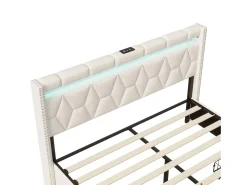 Cama com arrumação 160x200 cm com LED, cama de casal com estrado e gavetas, cabeceira capitonê com prateleiras e portas USB/Type-C, bege