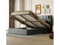 Cama com arrumação 160x200 cm com 2 luzes de leitura, cama de casal estofada com estrado de ripas, com espaço de armazenamento, para adolescentes e adultos, cinza