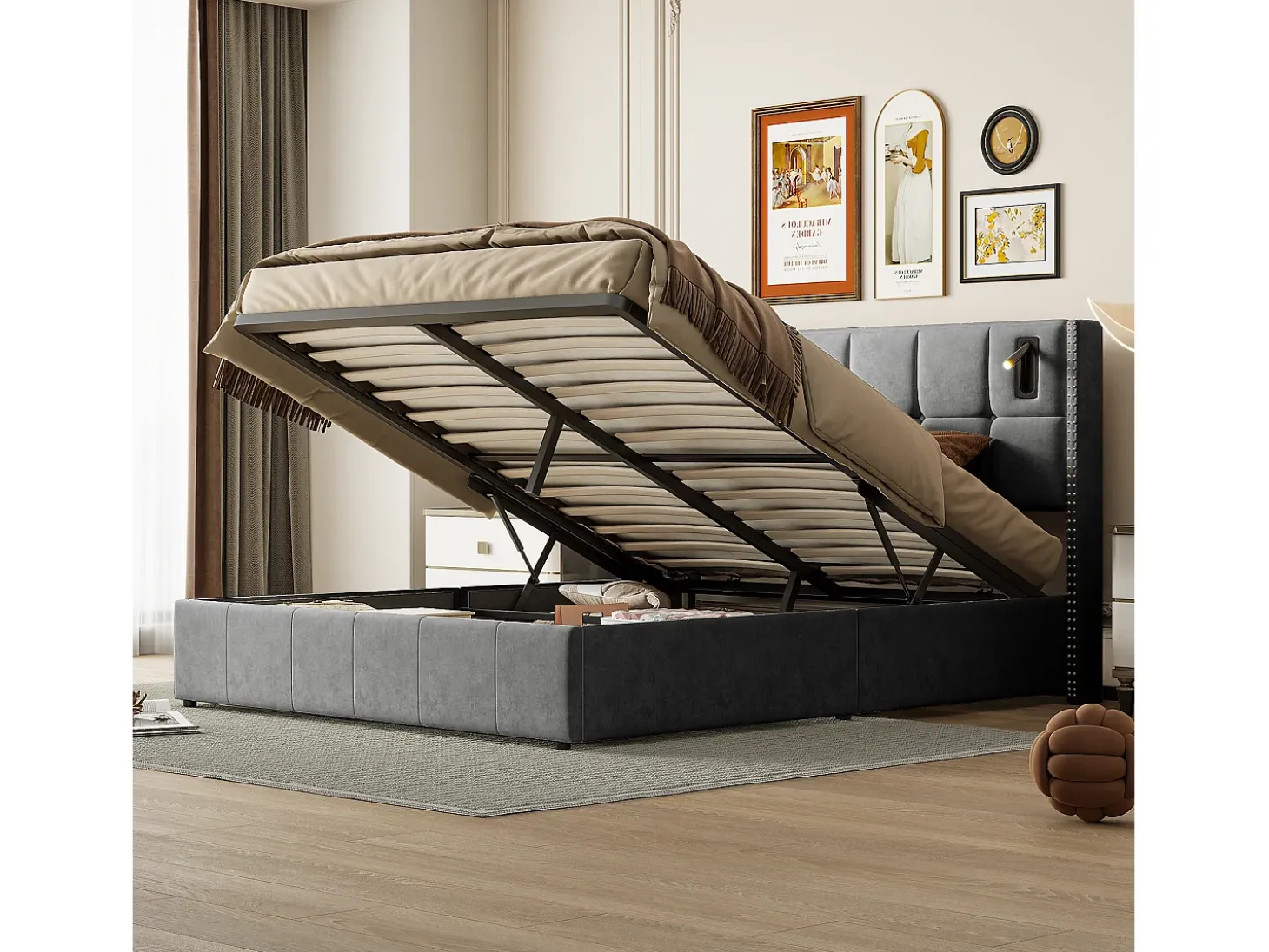 Cama com arrumação 160x200 cm com 2 luzes de leitura, cama de casal estofada com estrado de ripas, com espaço de armazenamento, para adolescentes e adultos, cinza