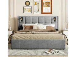 Cama com arrumação 160x200 cm com 2 luzes de leitura, cama de casal estofada com estrado de ripas, com espaço de armazenamento, para adolescentes e adultos, cinza