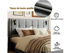 Cama com arrumação 160x200 cm com 2 luzes de leitura, cama de casal estofada com estrado de ripas, com espaço de armazenamento, para adolescentes e adultos, cinza