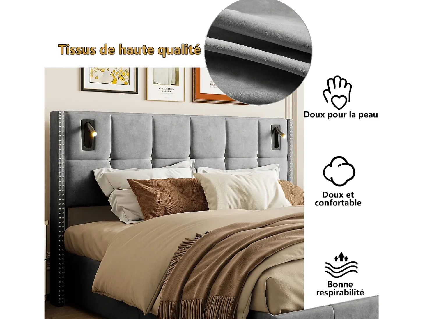 Cama com arrumação 160x200 cm com 2 luzes de leitura, cama de casal estofada com estrado de ripas, com espaço de armazenamento, para adolescentes e adultos, cinza