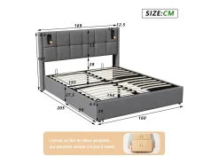 Cama com arrumação 160x200 cm com 2 luzes de leitura, cama de casal estofada com estrado de ripas, com espaço de armazenamento, para adolescentes e adultos, cinza