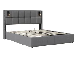 Cama com arrumação 160x200 cm com 2 luzes de leitura, cama de casal estofada com estrado de ripas, com espaço de armazenamento, para adolescentes e adultos, cinza