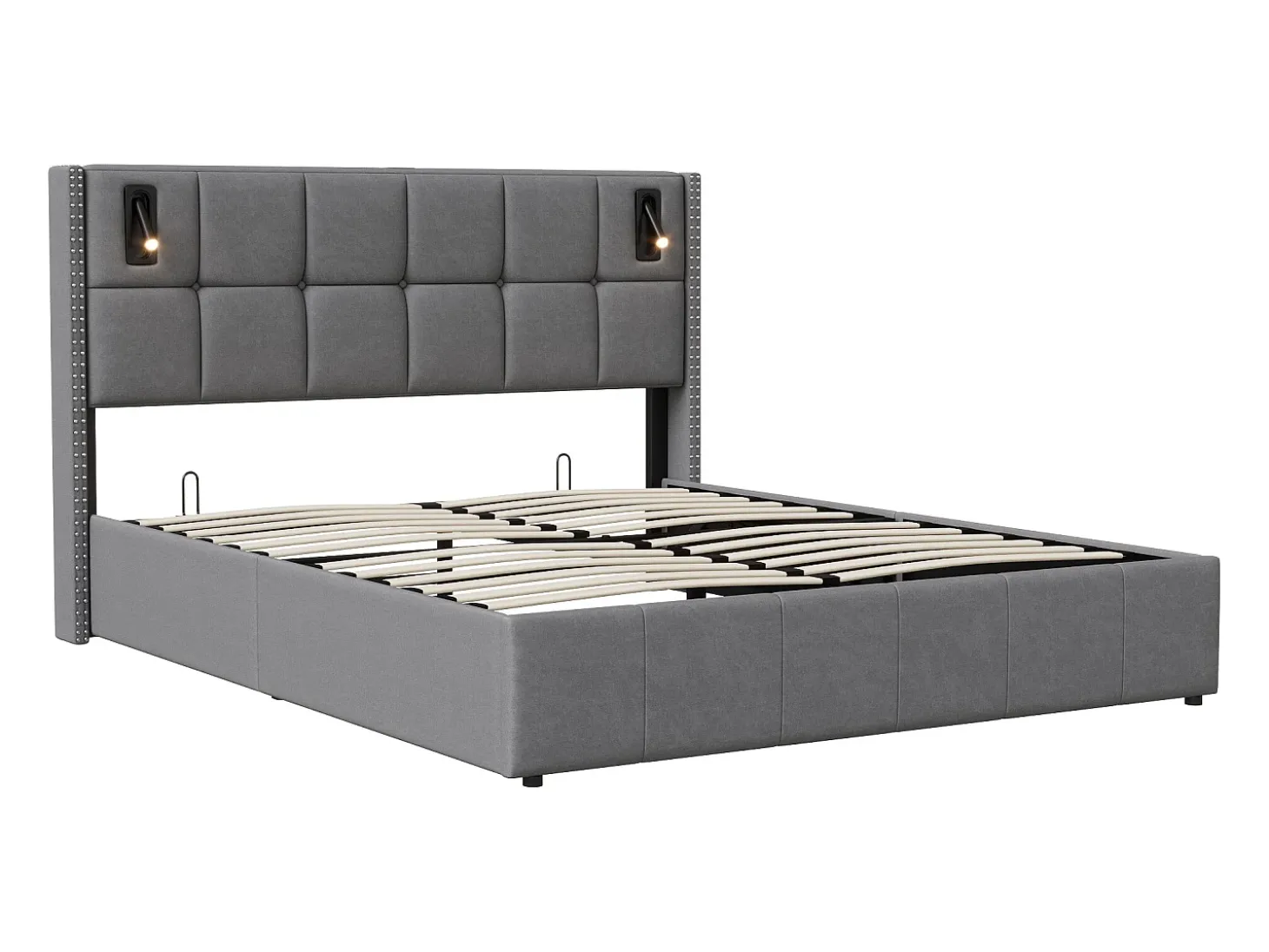 Cama com arrumação 160x200 cm com 2 luzes de leitura, cama de casal estofada com estrado de ripas, com espaço de armazenamento, para adolescentes e adultos, cinza