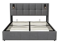 Cama com arrumação 160x200 cm com 2 luzes de leitura, cama de casal estofada com estrado de ripas, com espaço de armazenamento, para adolescentes e adultos, cinza