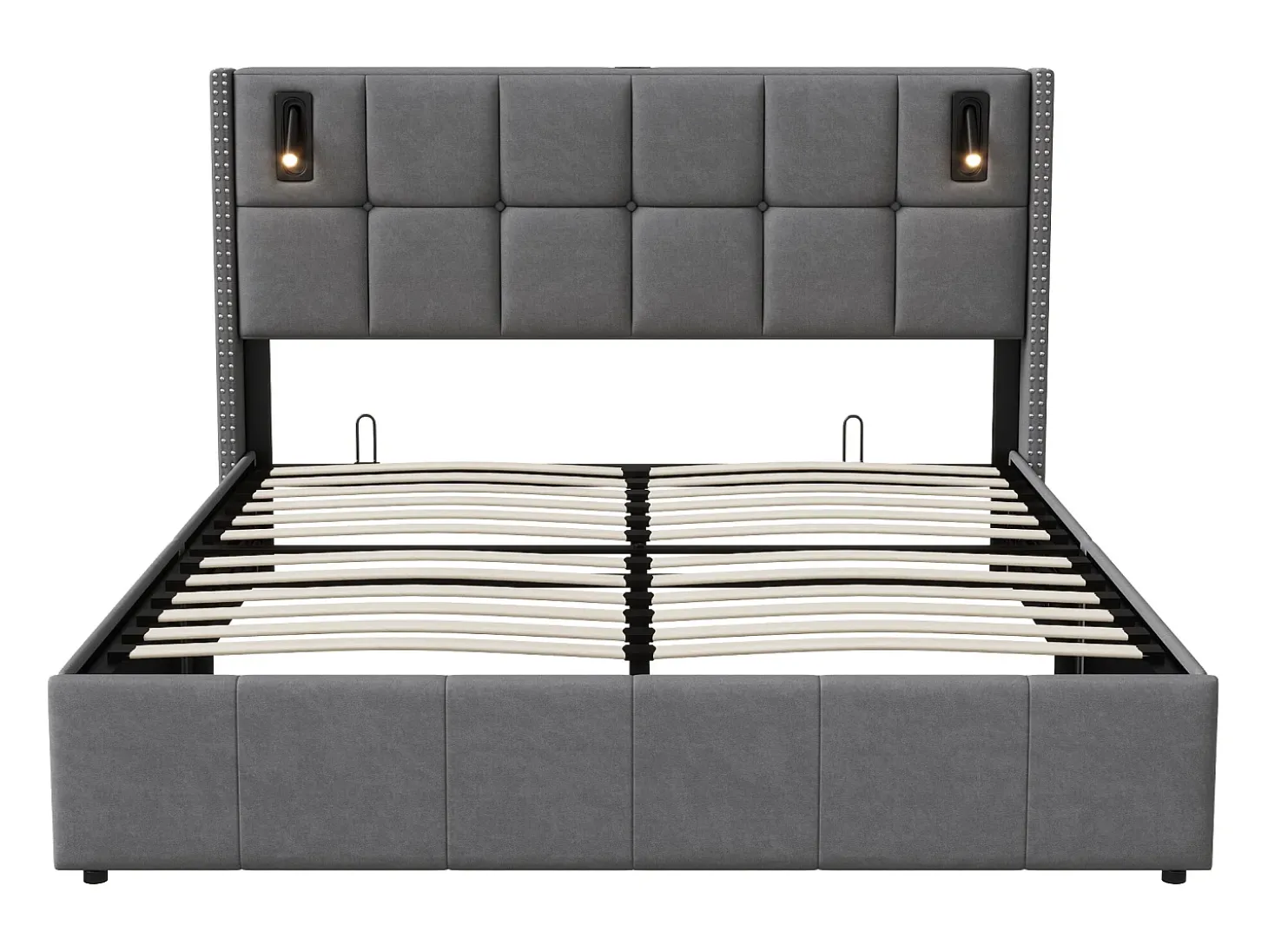 Cama com arrumação 160x200 cm com 2 luzes de leitura, cama de casal estofada com estrado de ripas, com espaço de armazenamento, para adolescentes e adultos, cinza