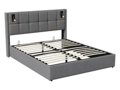 Cama com arrumação 160x200 cm com 2 luzes de leitura, cama de casal estofada com estrado de ripas, com espaço de armazenamento, para adolescentes e adultos, cinza