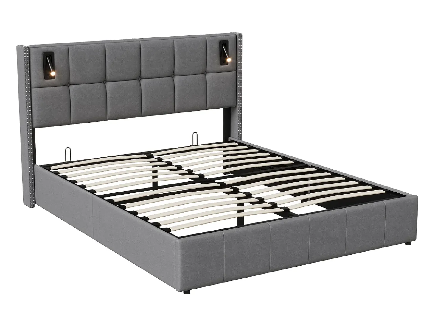 Cama com arrumação 160x200 cm com 2 luzes de leitura, cama de casal estofada com estrado de ripas, com espaço de armazenamento, para adolescentes e adultos, cinza