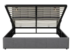 Cama com arrumação 160x200 cm com 2 luzes de leitura, cama de casal estofada com estrado de ripas, com espaço de armazenamento, para adolescentes e adultos, cinza