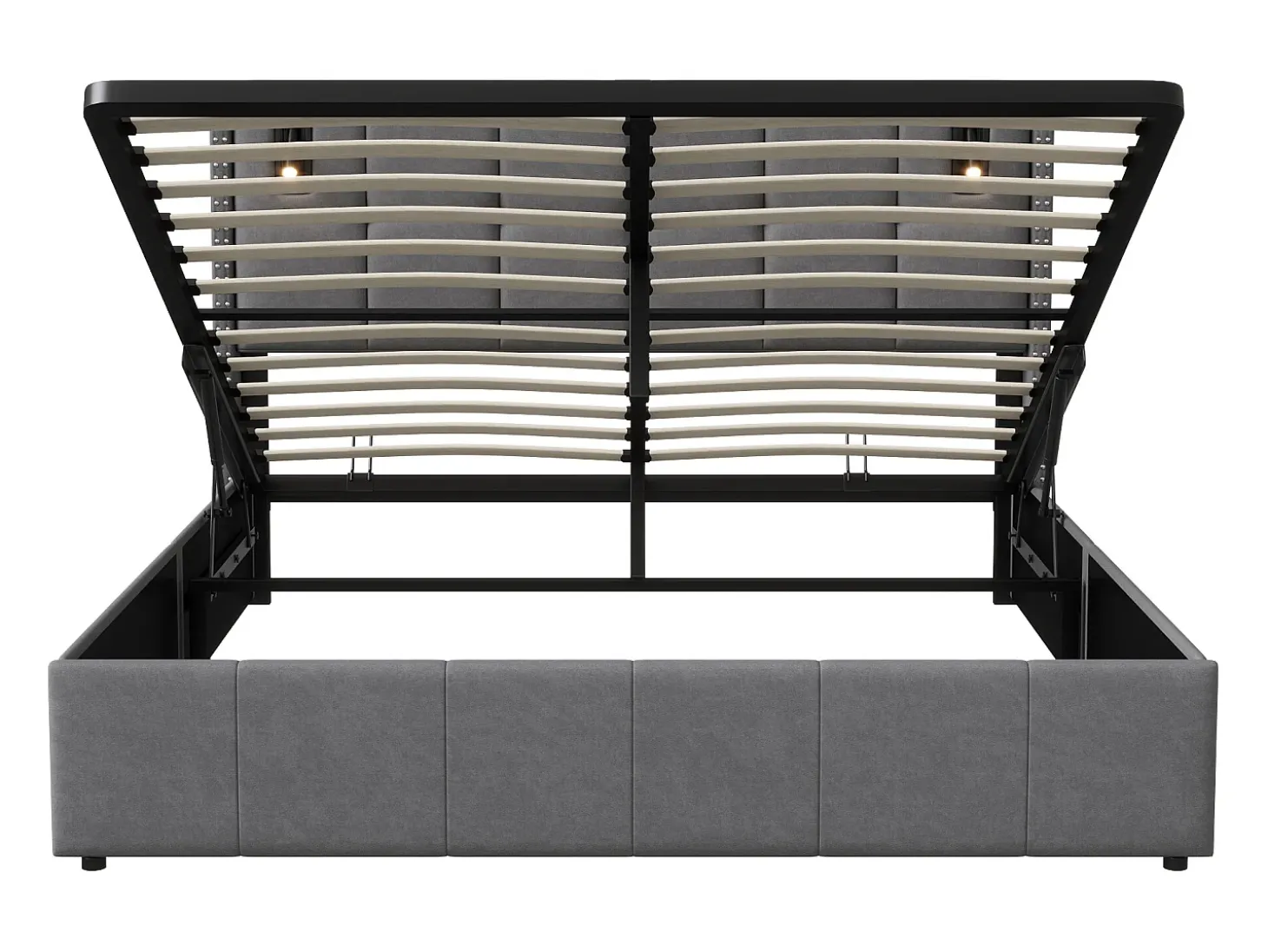 Cama com arrumação 160x200 cm com 2 luzes de leitura, cama de casal estofada com estrado de ripas, com espaço de armazenamento, para adolescentes e adultos, cinza
