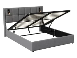 Cama com arrumação 160x200 cm com 2 luzes de leitura, cama de casal estofada com estrado de ripas, com espaço de armazenamento, para adolescentes e adultos, cinza