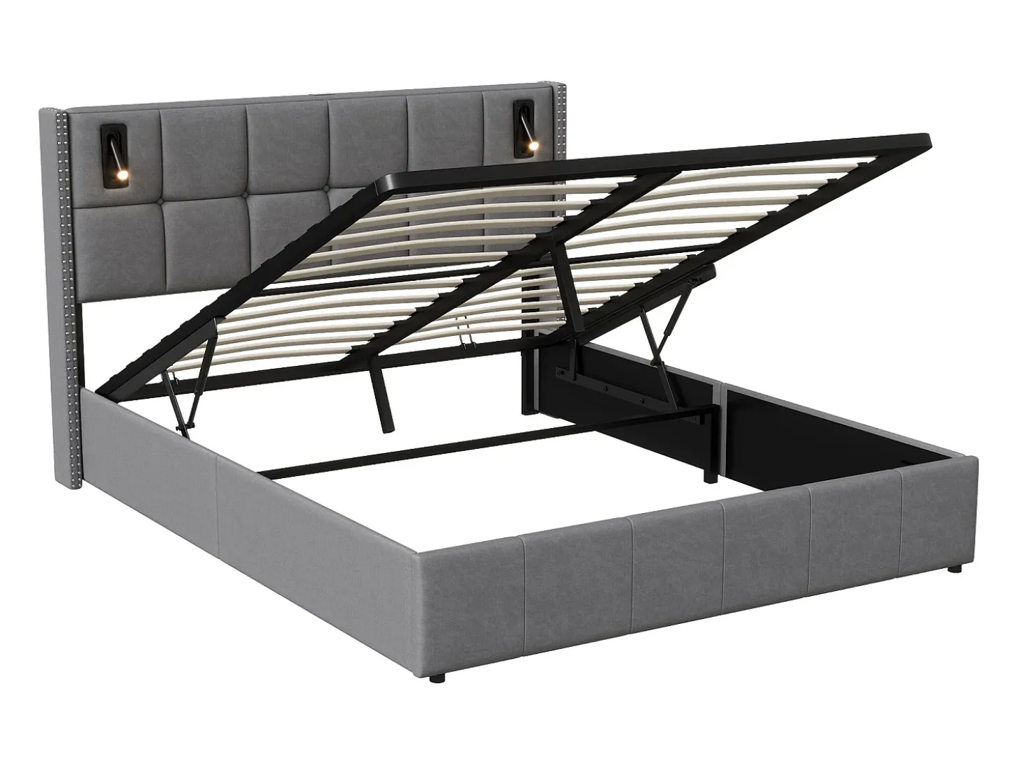 Cama com arrumação 160x200 cm com 2 luzes de leitura, cama de casal estofada com estrado de ripas, com espaço de armazenamento, para adolescentes e adultos, cinza
