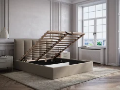 Cama com arrumação 160x200 cm com cabeceira com costuras verticais tecido taupe - KILACLO