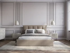 Cama com arrumação 160x200 cm com cabeceira com costuras verticais tecido taupe - KILACLO