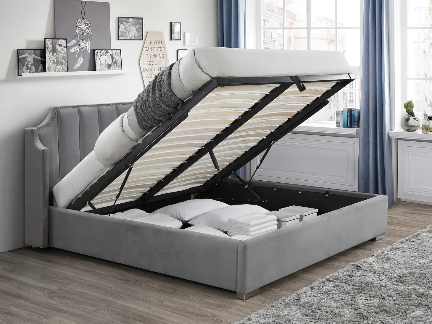 Cama com arrumação 160x200 cm com cabeceira de cama arqueada veludo cinza-claro - TEOMIS