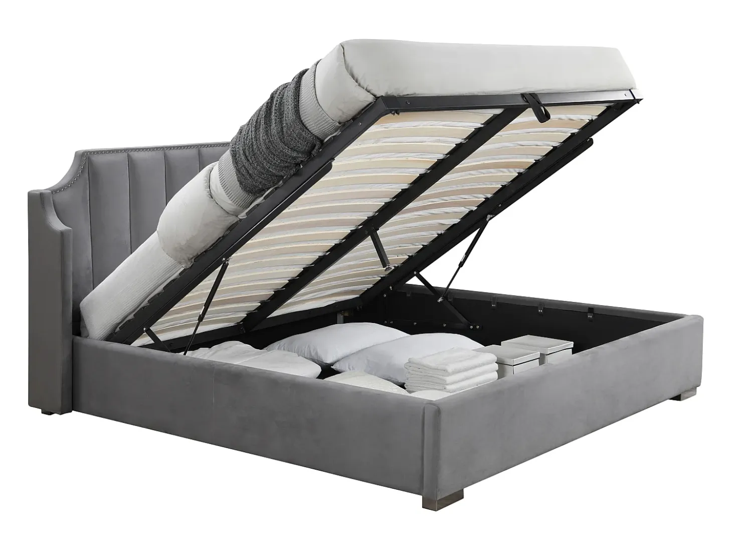 Cama com arrumação 160x200 cm com cabeceira de cama arqueada veludo cinza-claro - TEOMIS