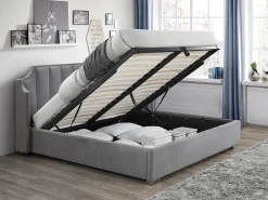 Cama com arrumação 180x200 cm com cabeceira arqueada veludo cinza-claro + colchão - TEOMIS