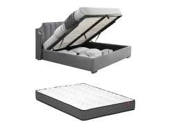 Cama com arrumação 180x200 cm com cabeceira arqueada veludo cinza-claro + colchão - TEOMIS