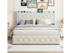 Cama com arrumação, 160x200 cm, estrado de ripas, cabeceira com porta USB tipo C, iluminação LED, veludo, bege.