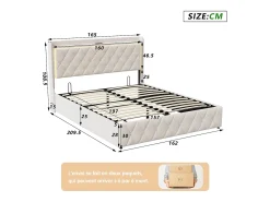 Cama com arrumação, 160x200 cm, estrado de ripas, cabeceira com porta USB tipo C, iluminação LED, veludo, bege.