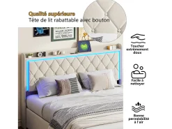 Cama com arrumação, 160x200 cm, estrado de ripas, cabeceira com porta USB tipo C, iluminação LED, veludo, bege.