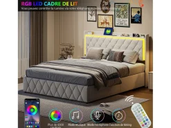 Cama com arrumação, 160x200 cm, estrado de ripas, cabeceira com porta USB tipo C, iluminação LED, veludo, bege.