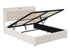 Cama com arrumação, 160x200 cm, estrado de ripas, cabeceira com porta USB tipo C, iluminação LED, veludo, bege.