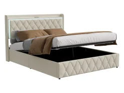 Cama com arrumação, 160x200 cm, estrado de ripas, cabeceira com porta USB tipo C, iluminação LED, veludo, bege.