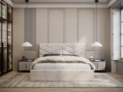 Cama com arrumação 160x200 cm tecido texturizado creme + colchão - JUSTANI